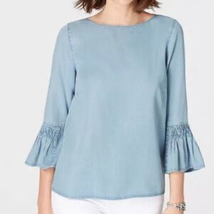 J. Jill Denim Top with embellished sleeves and keyhole neckline
